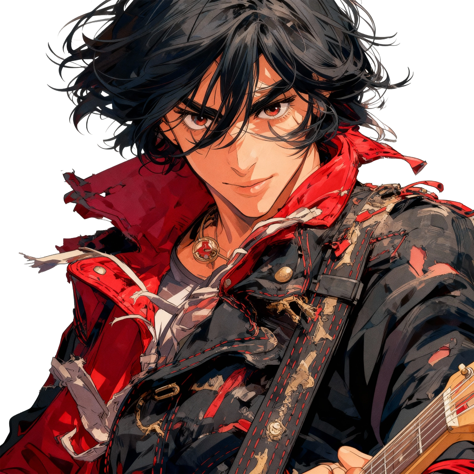 GHOSTSのギターAkira。金髪で整った顔立ちだが、どこか退廃的な雰囲気。完璧な上層都市を捨てて堕ちてきた男の、反骨心と哀愁が混在する表情