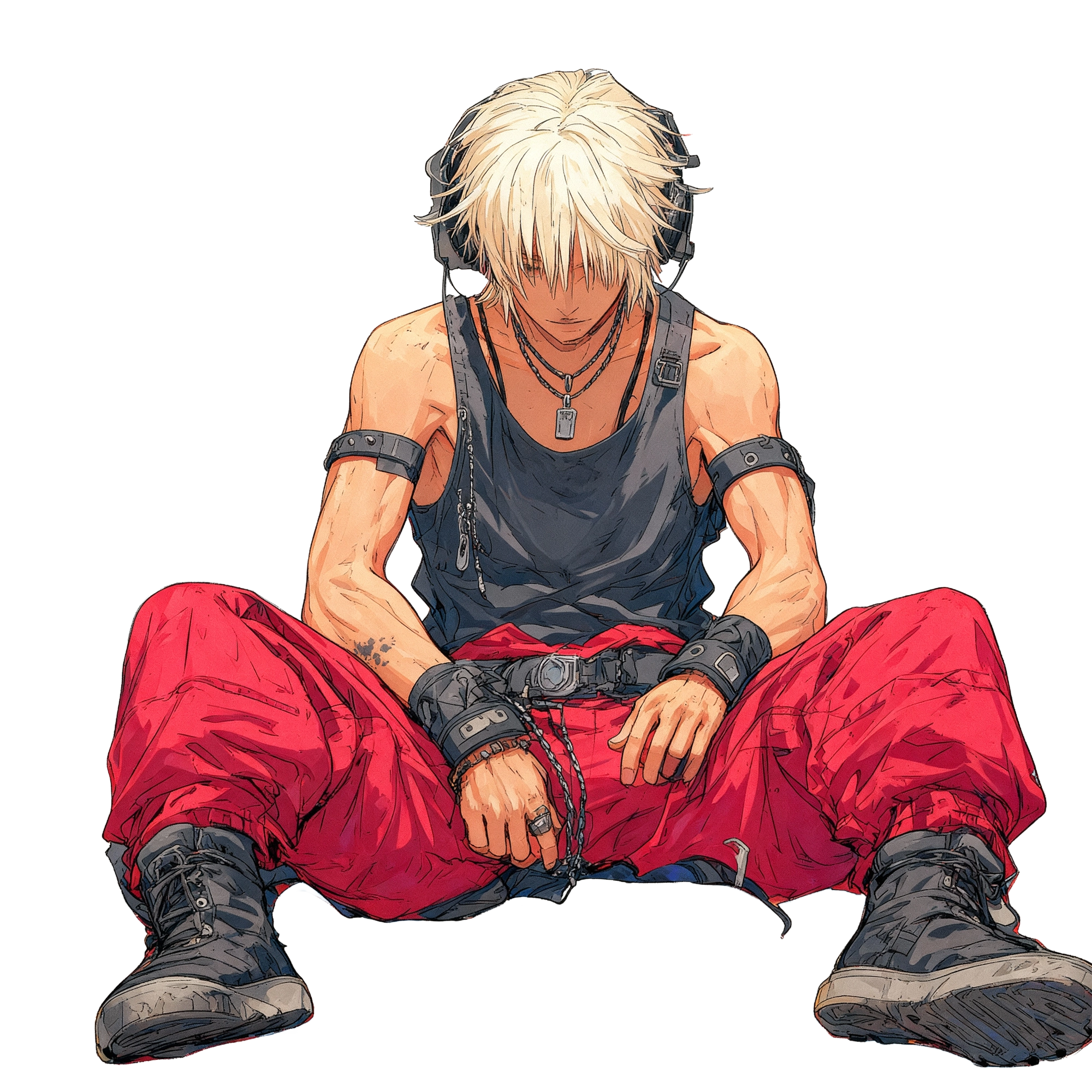 GHOSTSのドラムDoji。紫がかった髪とミステリアスな雰囲気。長年地下で孤独にドラムを叩き続けてきた、静かな狂気と達観を感じさせる佇まい