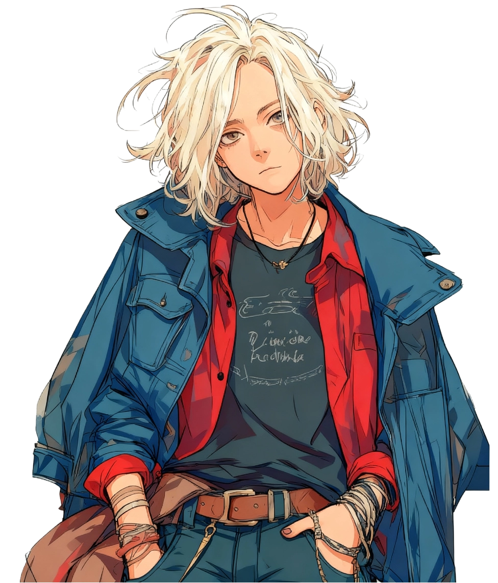 GHOSTSのベースLuk。青い髪とクールな眼差し。記憶を失った虚無感を漂わせつつ、ベースを抱える姿からは音楽への執着が感じられる