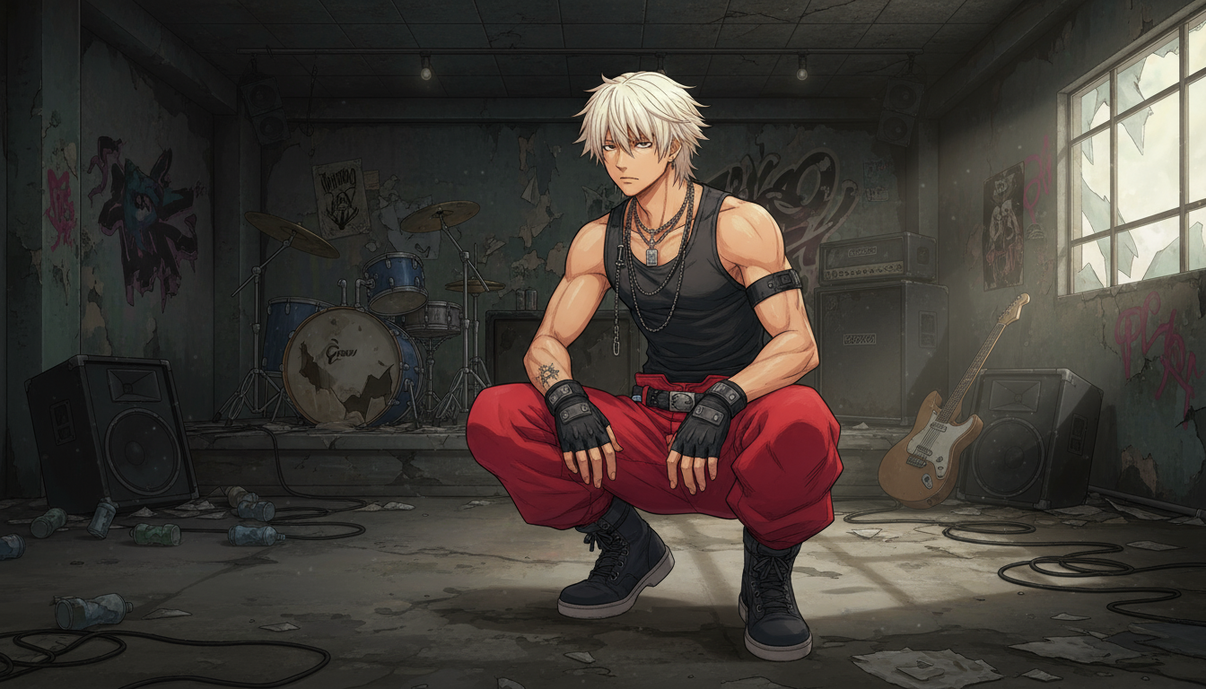 GHOSTSのドラムDojiのポートレート。紫がかった髪、ミステリアスな雰囲気。地下での孤独な演奏生活を感じさせる静かな狂気