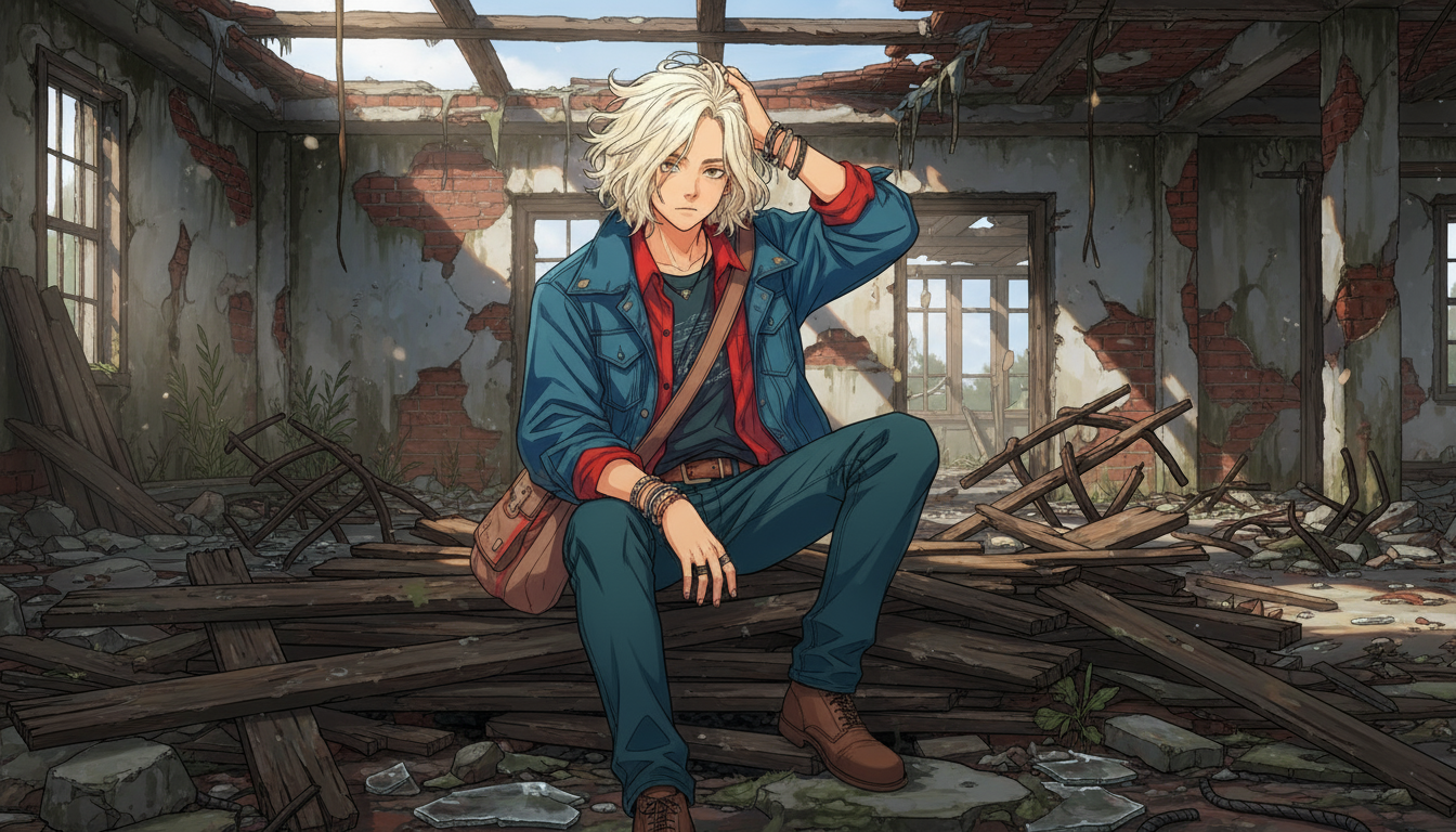 GHOSTSのベースLukのポートレート。青い髪、クールな眼差し、ベースを抱える姿。記憶喪失の虚無感と音楽への執着が同居する雰囲気