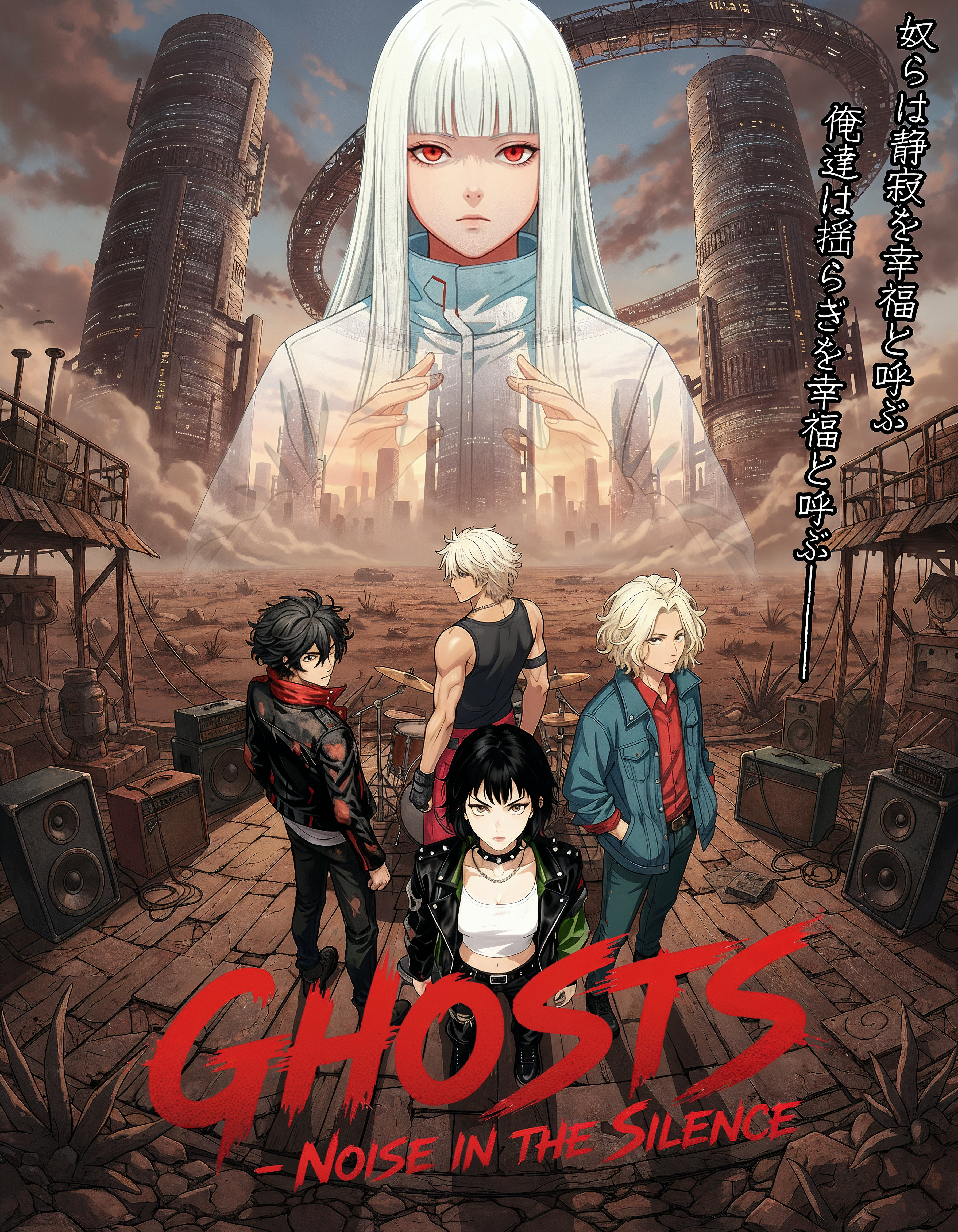 GHOSTS - Noise in the Silence. GHOSTSプロジェクトのメインビジュアル。荒廃した近未来都市『カタコンベ』を背景に、4人のバンドメンバー（Yuna, Luk, Akira, Doji）が楽器を手に佇んでいる。サイバーパンクなネオンと影のコントラストが印象的