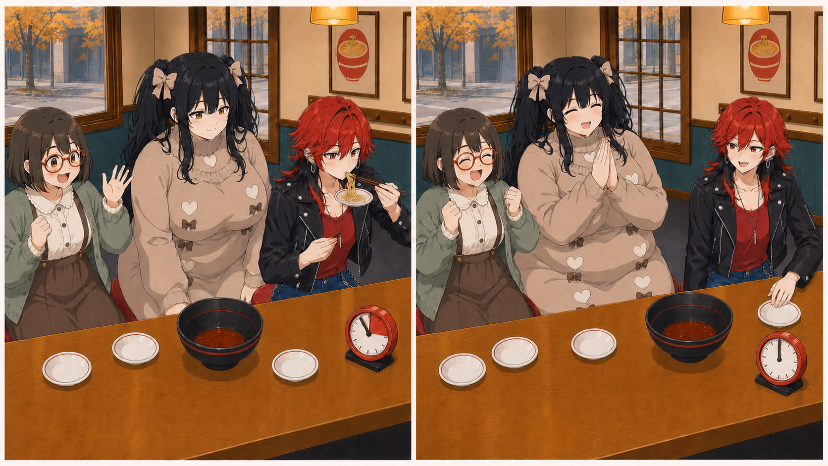 激辛ラーメンを囲む三人の制作資料