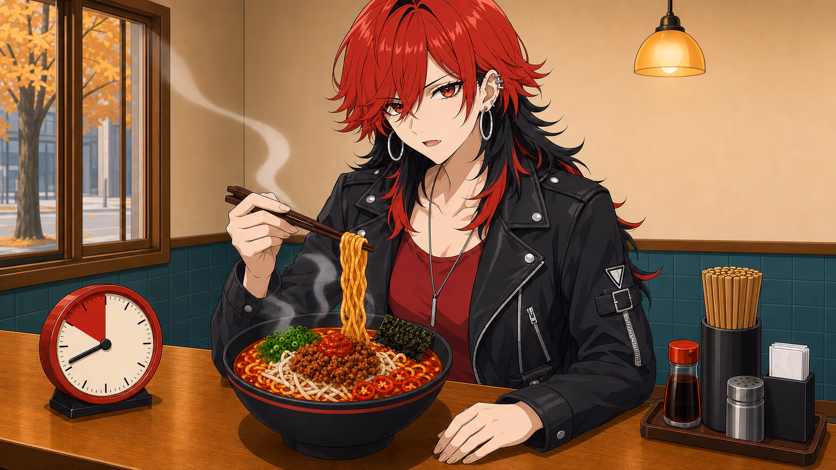 激辛ラーメンを持ち上げる阿久科辛子