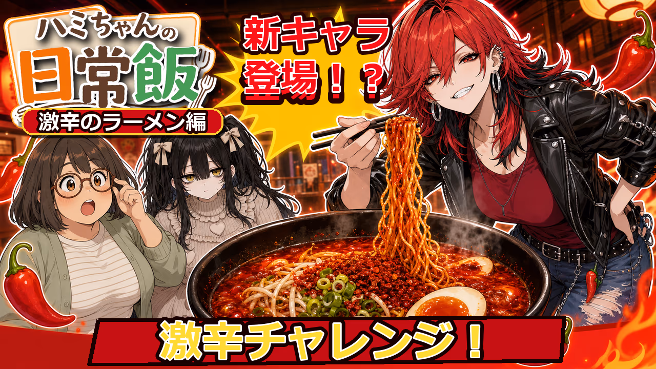 激辛ラーメンを前にしたあくたん、ハミちゃん、ミルちゃん