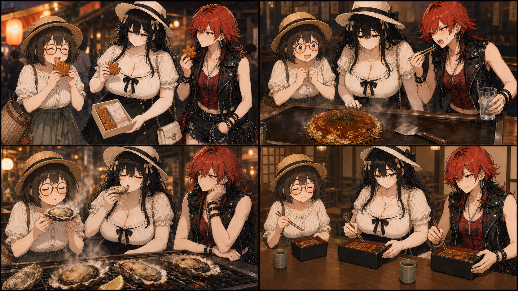 もみじ饅頭、広島お好み焼き、焼き牡蠣、あなごめしを楽しむハミちゃん、ミルちゃん、あくたん