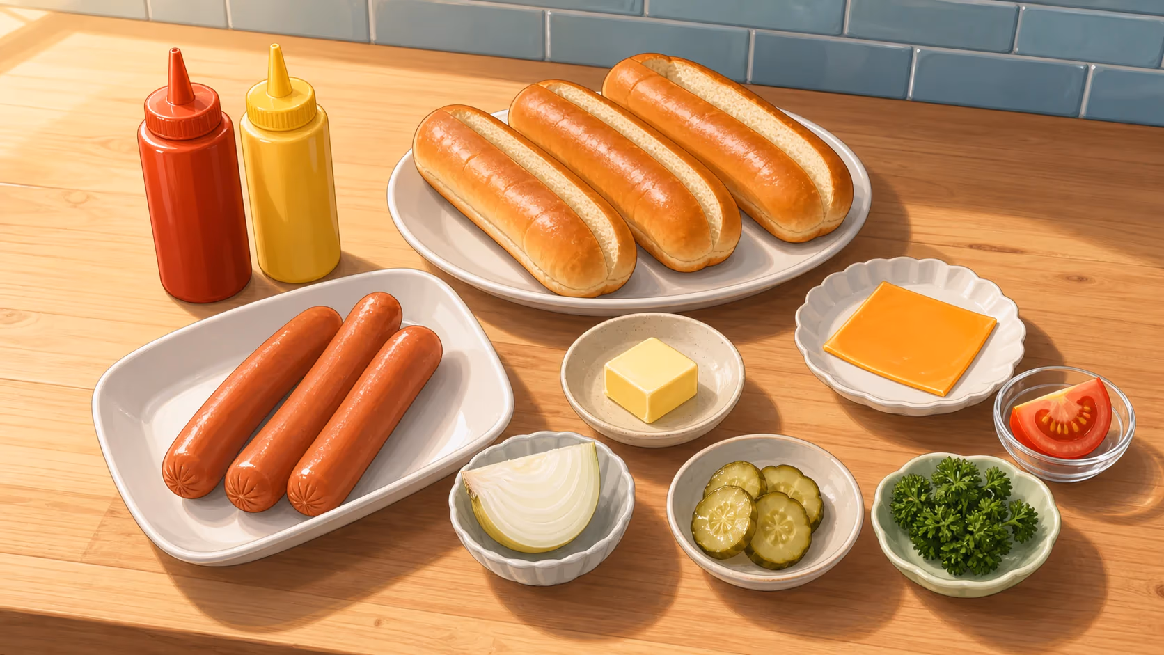 映画館みたいな3種のホットドッグの家庭向け材料イメージ。GPT-image-2で作成