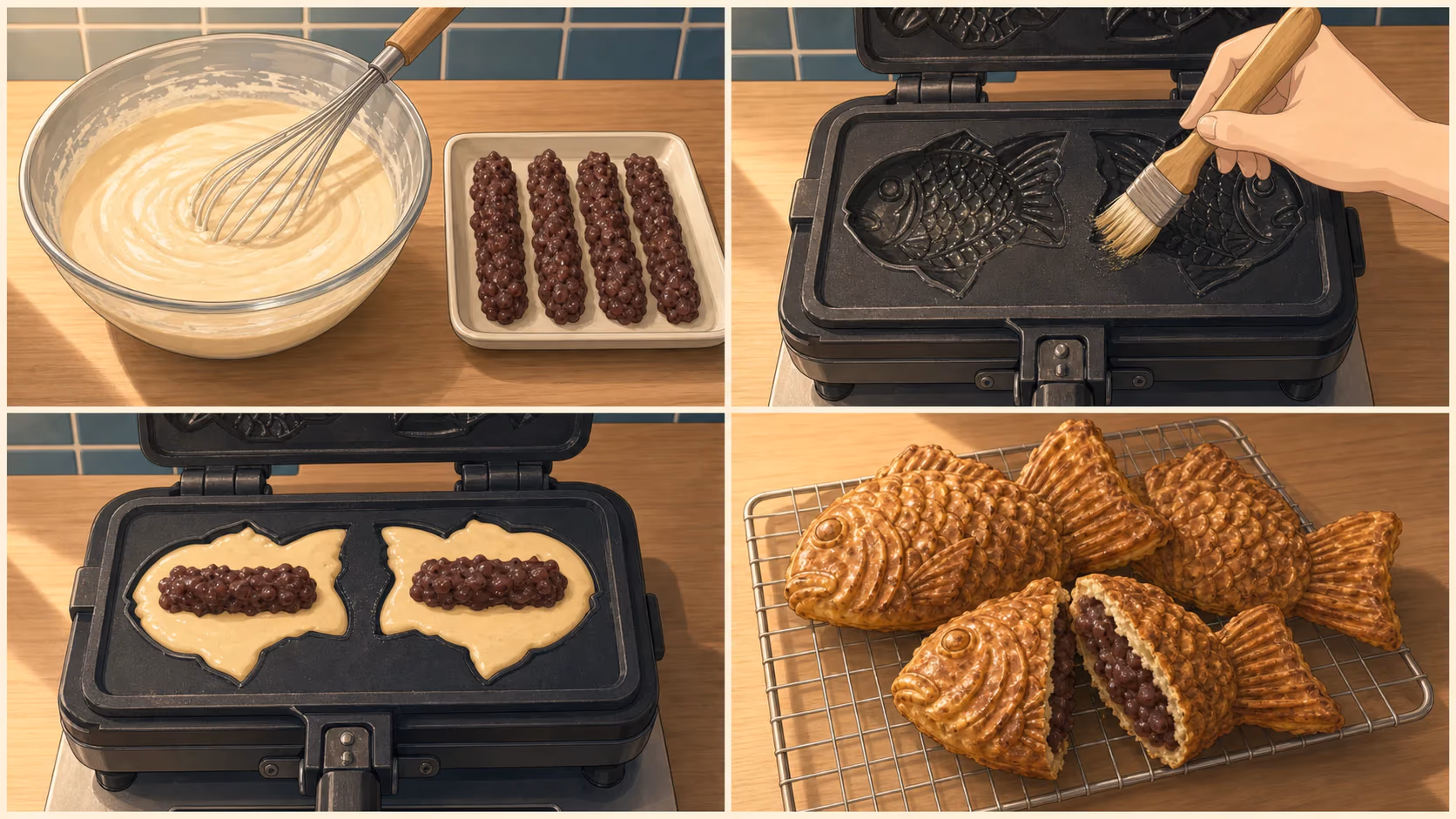 夢幻のつぶあんたい焼きの家庭向け調理工程イメージ。GPT-image-2で作成