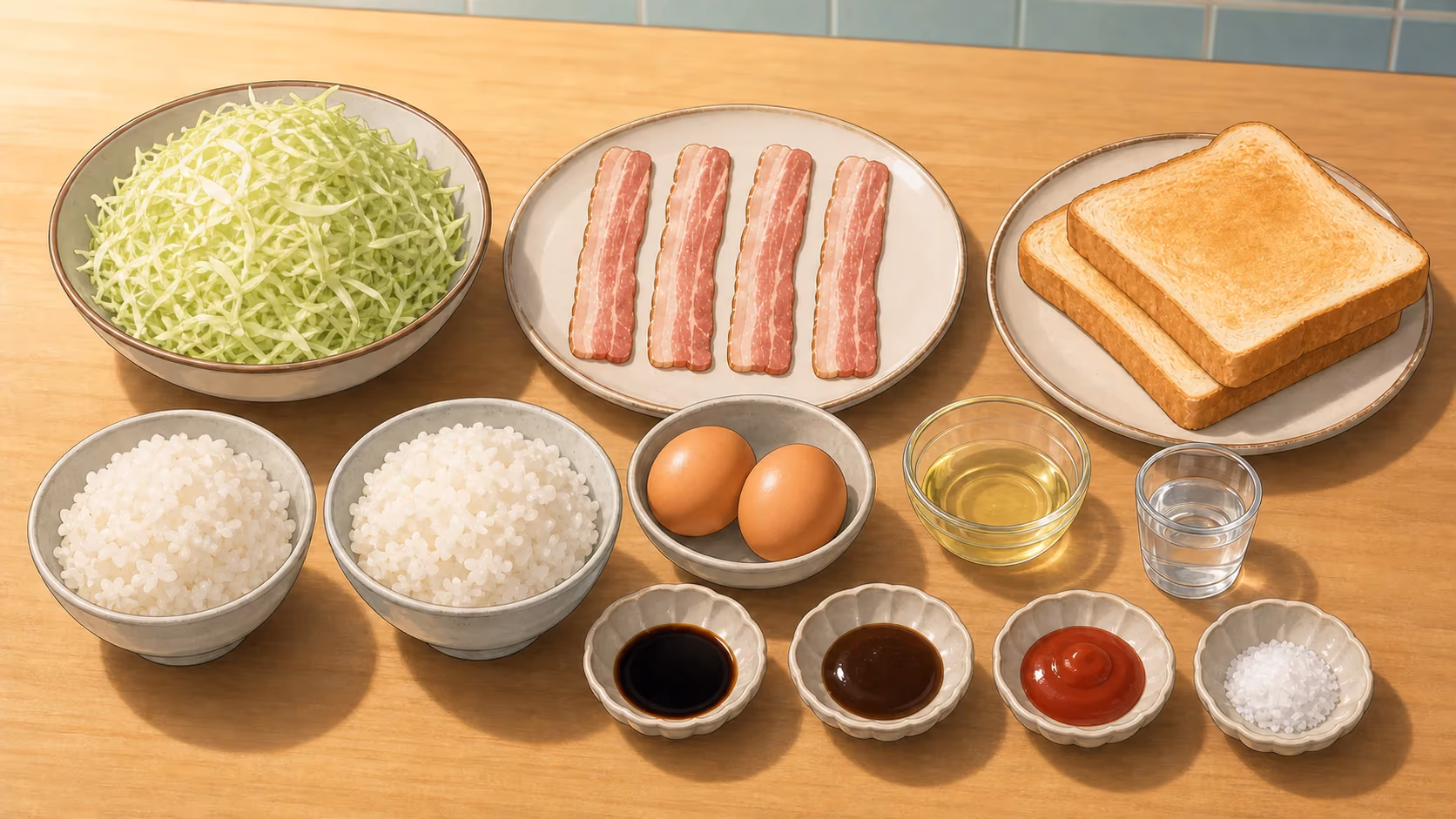 黄身とろり・目玉焼き朝食プレートの家庭向け材料イメージ。GPT-image-2で作成