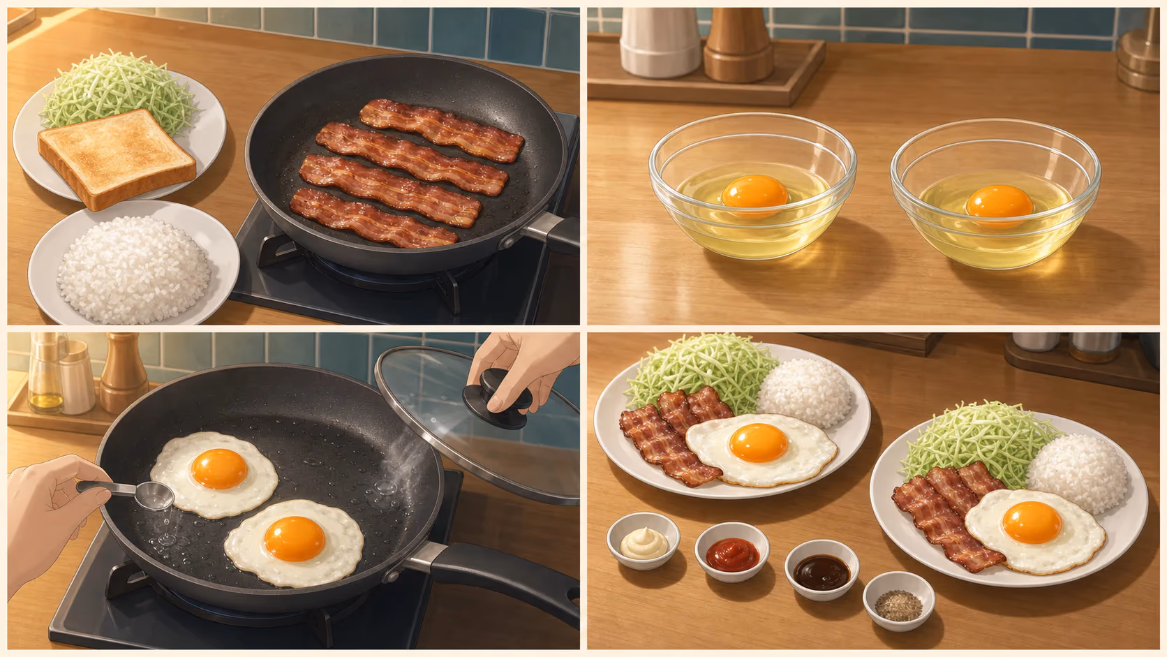 黄身とろり・目玉焼き朝食プレートの家庭向け調理工程イメージ。GPT-image-2で作成