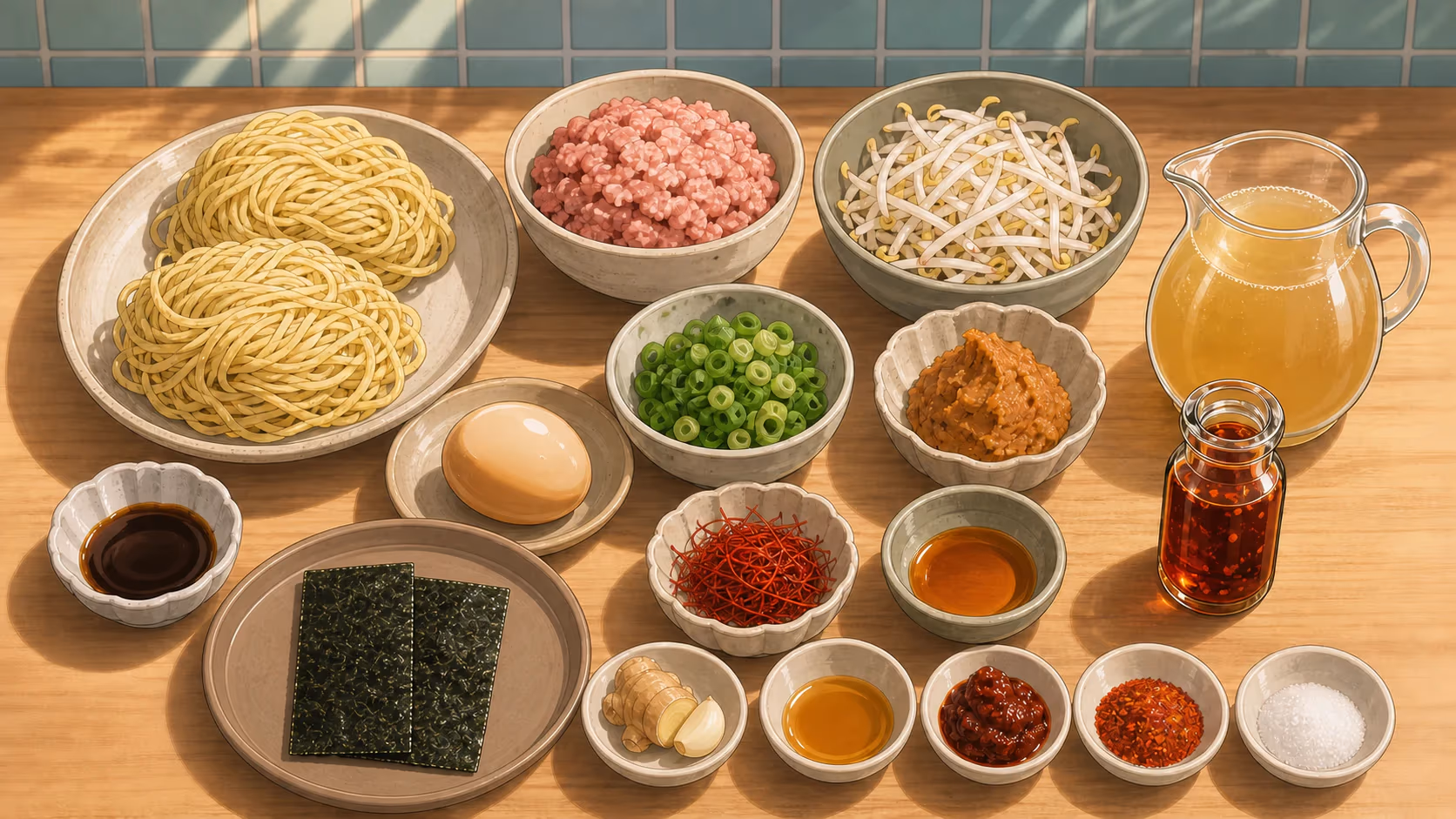 紅蓮の辛味噌ラーメン おうち再現の家庭向け材料イメージ。GPT-image-2で作成