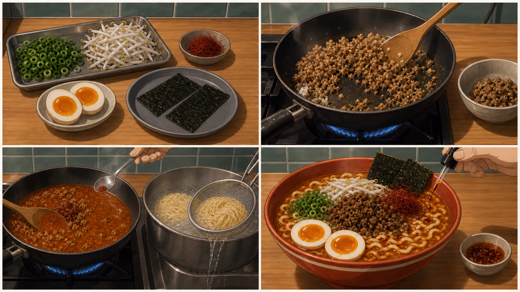 紅蓮の辛味噌ラーメン おうち再現の家庭向け調理工程イメージ。GPT-image-2で作成