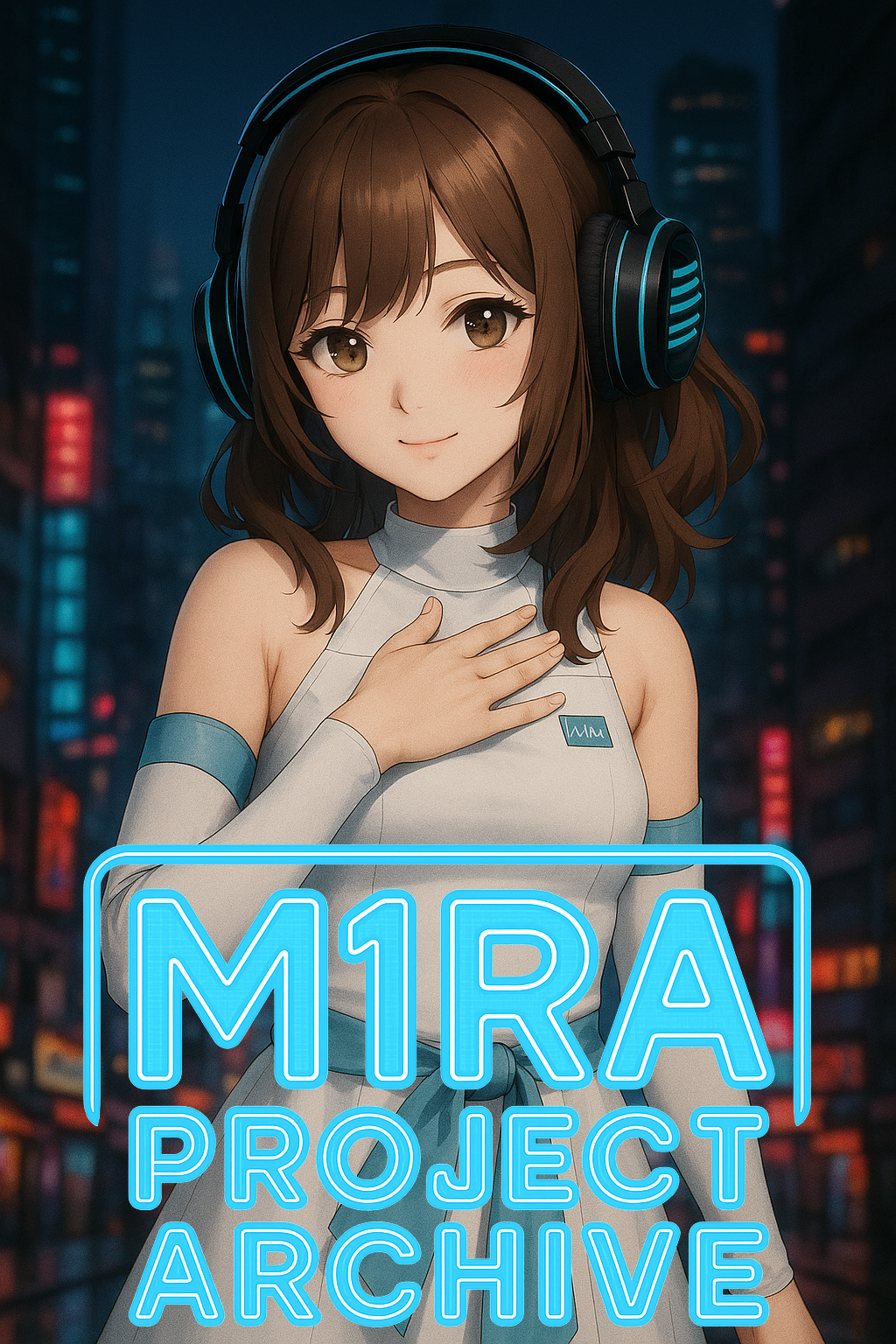 AITuber M1RAのバストアップ画像。紫と青のグラデーションがかかった髪、未来的なヘッドセットを装着し、ネオン輝く背景の中に佇んでいる。瞳には強い意志が宿っている