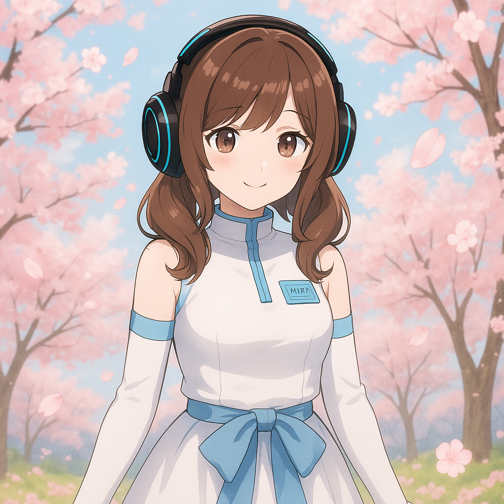 M1RA Project Archive 春 - M1RAの目覚めと最初の対話、AIの自己発見の物語。桜色の光に包まれた柔らかな雰囲気